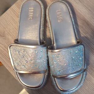 INC International Concepts Women's Glittering Silver Slide Sandals